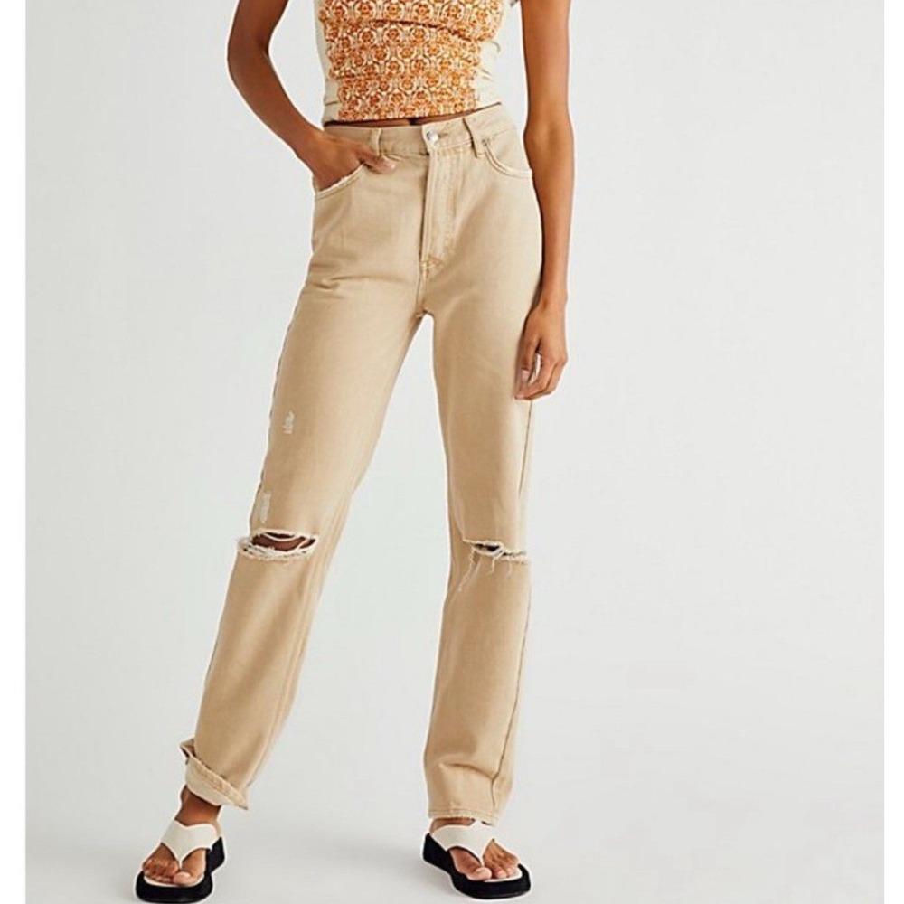 We The Free People Lasso Straight Leg‎ Distressed Jeans In Dusty Khaki Sz 28